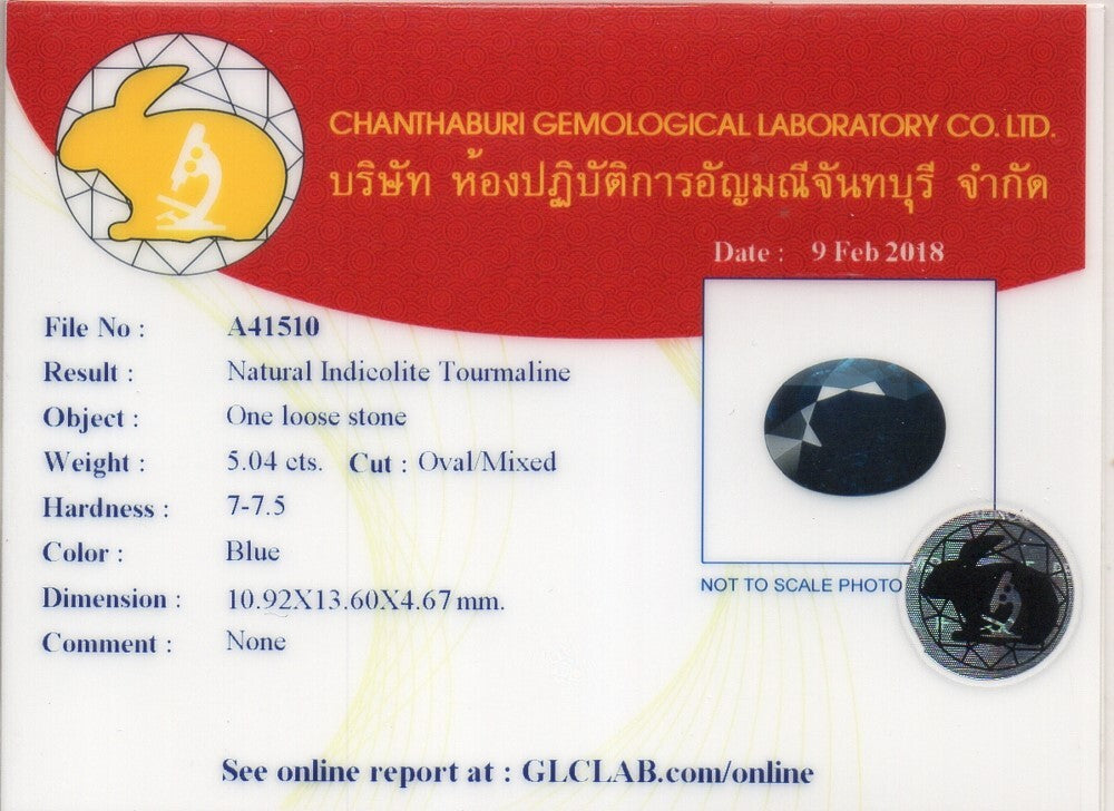 GLC Report with Photo Included *Online Verify for 5.04ct Blue Indicolite Tourmaline | GLC Report Included