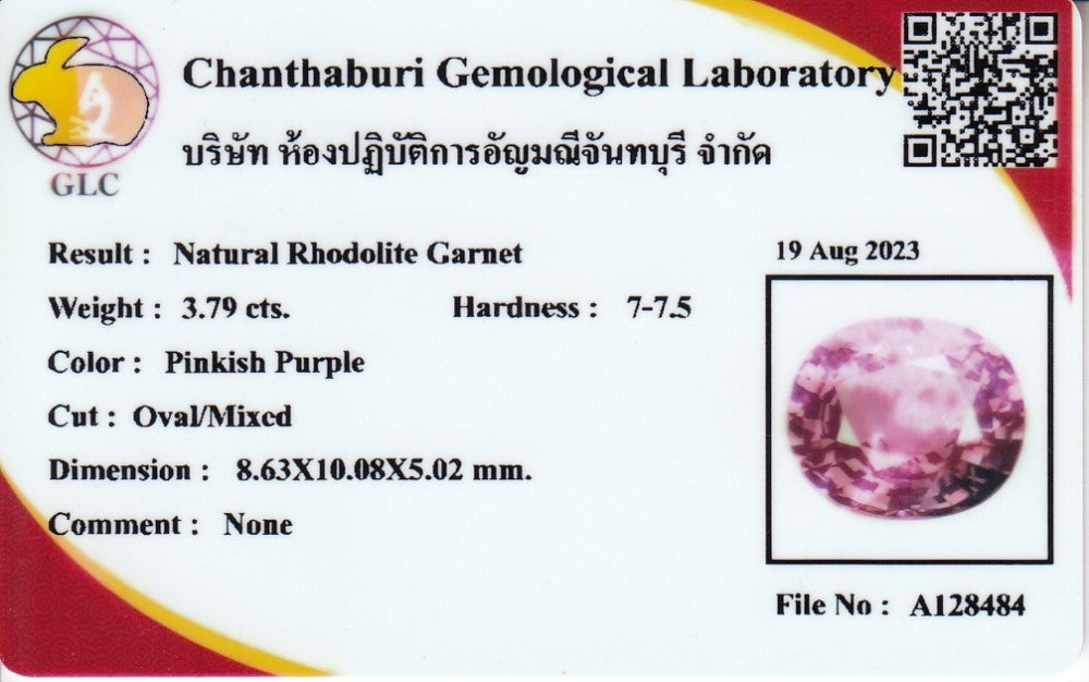 GLC Report with Photo Included *Online Verify for 3.79ct Pinkish Purple Rhodolite Garnet | Oval