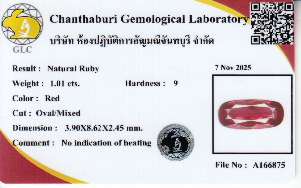 GLC Report with Photo Included *Online Verify for 1.01ct Red Ruby | Oval