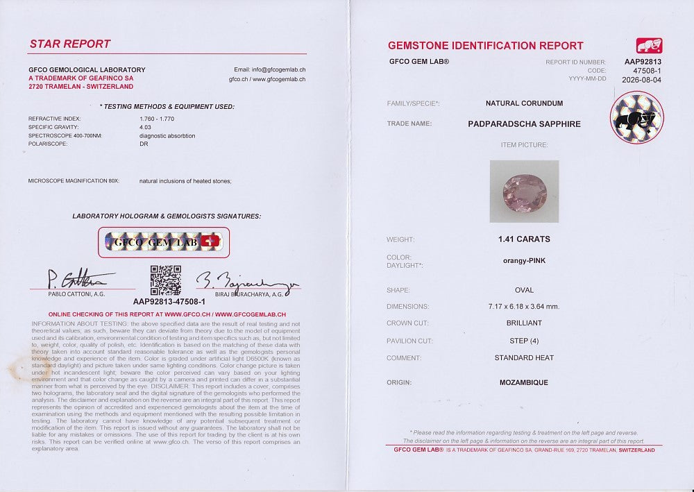 GFCO Gem Lab Gemstone Identification Report for 1.41ct Orangy Pink Padparadscha Sapphire | Oval
