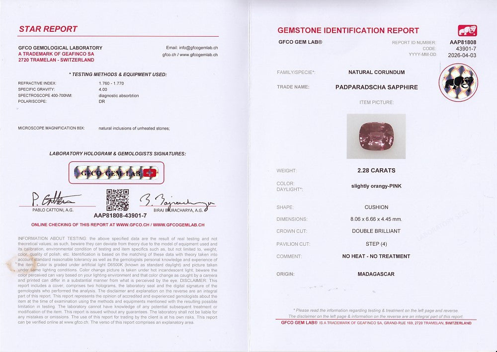 GFCO Gem Lab Gemstone Identification Report for 2.28ct Orangy Pink Padparadscha Sapphire | Cushion