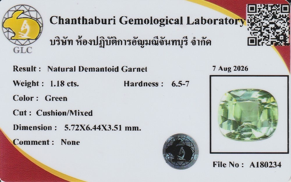 GLC Report with Photo Included *Online Verify for 1.18ct Green Demantoid Garnet | Cushion