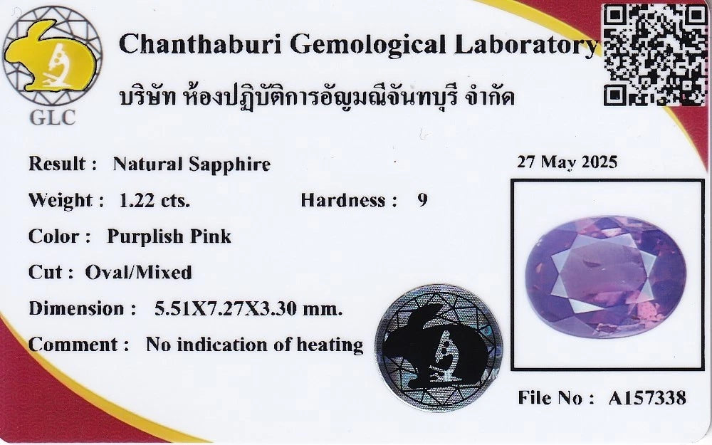 GLC 1.22ct Oval Natural Purplish Pink Sapphire - Unheated, Mozambique Gem