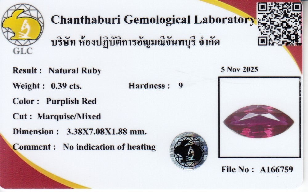 GLC report A166759 for one 0.39 ct ruby from the 5-piece, 2.11 ct lot
