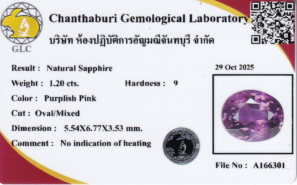 GLC CERTIFIED 1.20ct Oval Natural Purplish Pink Sapphire - Unheated Mozambique