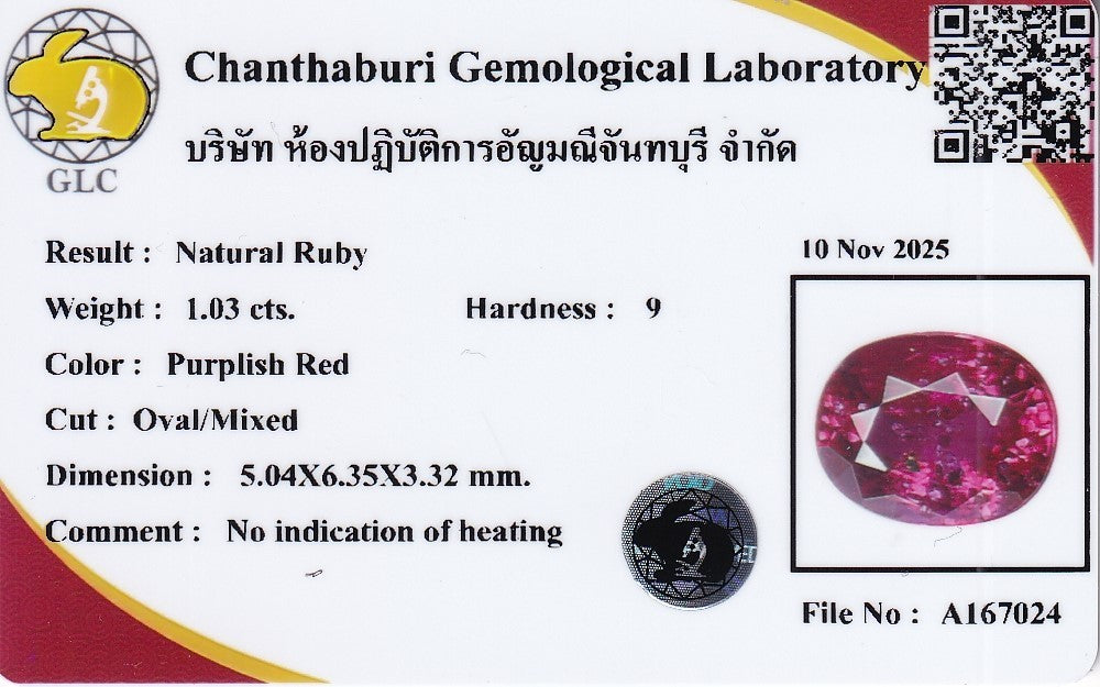 GLC CERTIFIED 1.03ct Oval Natural Purplish Red Ruby - Unheated Mozambique Gem