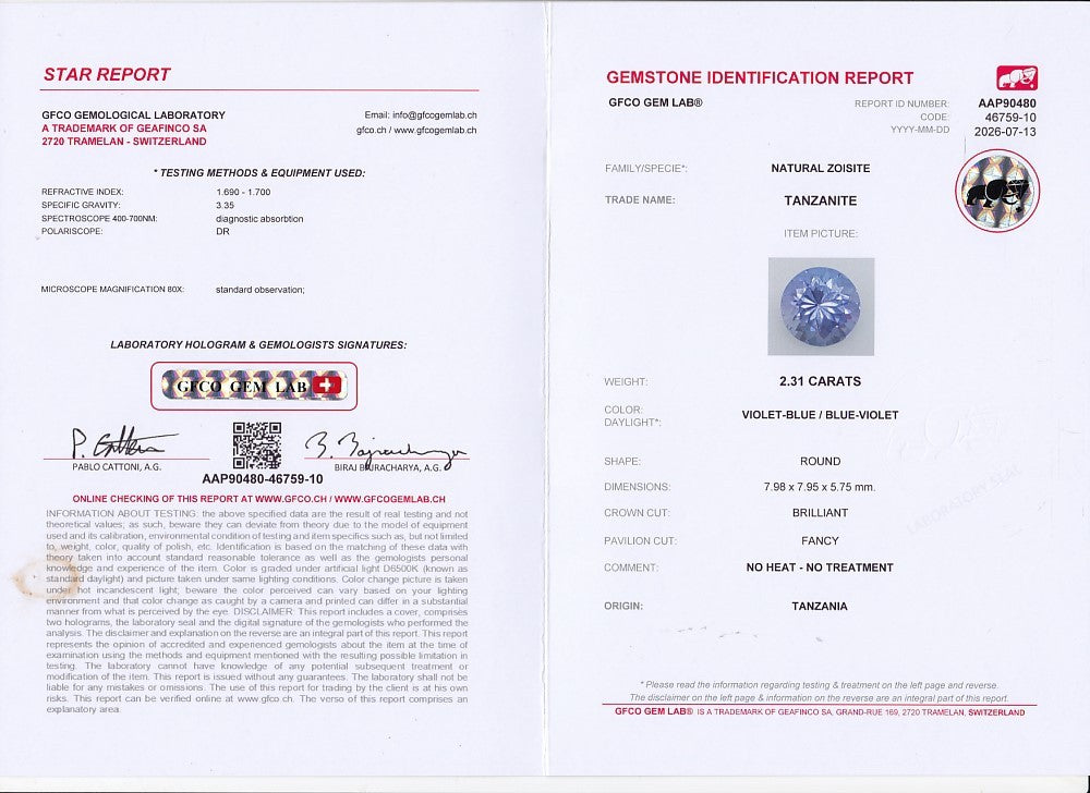 GFCO Gem Lab report, natural tanzanite 2.31 ct, no heat no treatment