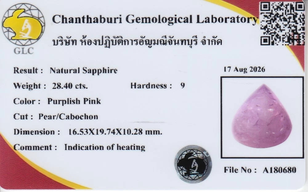 28.40ct Pear Cabochon Natural Purplish Pink Sapphire - Heated, GLC Certified - laboratory report