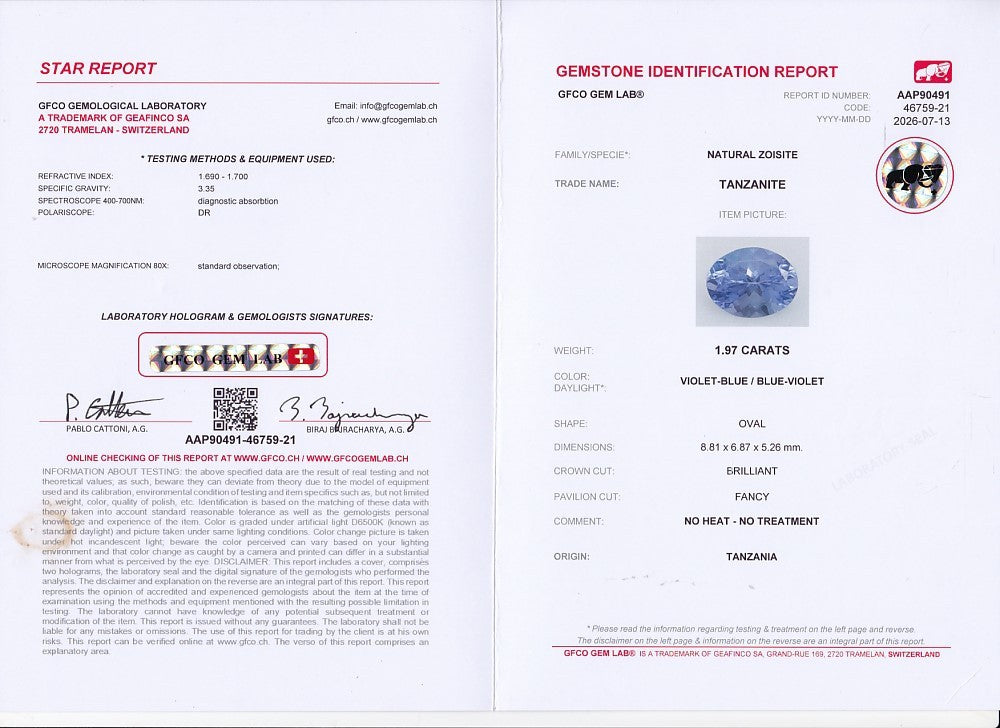 GFCO Gem Lab report, natural tanzanite 1.97 ct, no heat no treatment