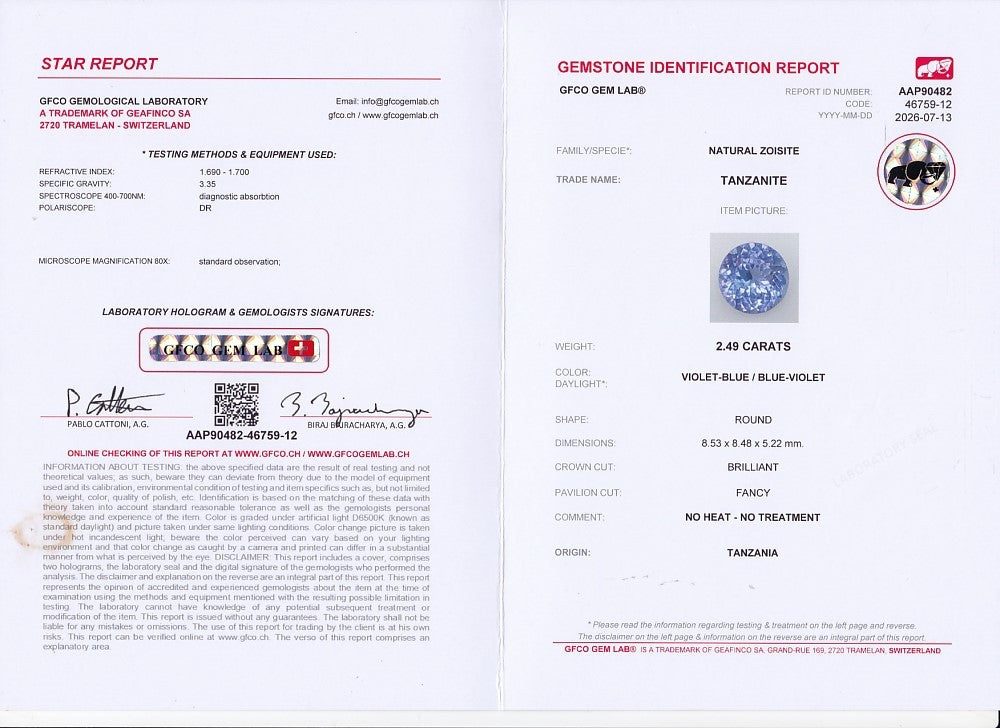 GFCO Gem Lab report, natural tanzanite 2.49 ct, no heat no treatment