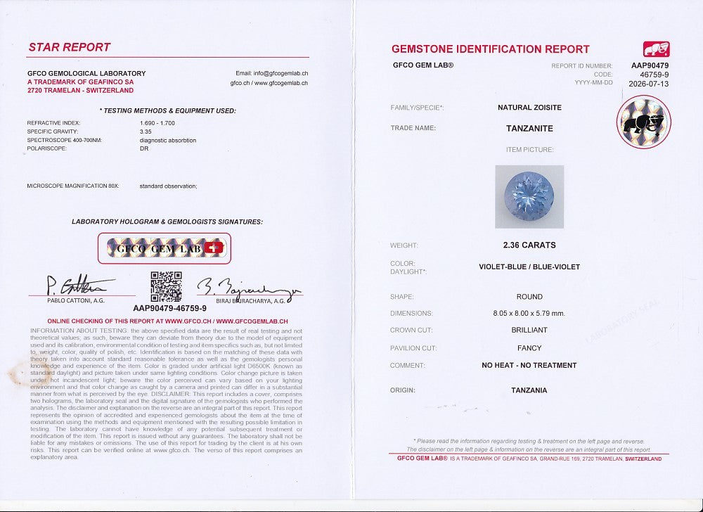GFCO Gem Lab report, natural tanzanite 2.36 ct, no heat no treatment