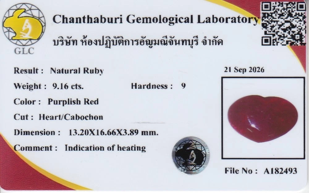 9.16ct Heart Cabochon Natural Purplish Red Ruby - Heated, GLC Certified - laboratory report