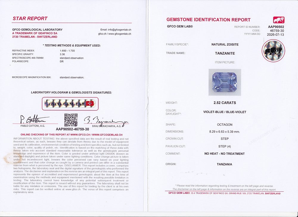 GFCO Gem Lab report, natural tanzanite 2.52 ct, no heat no treatment