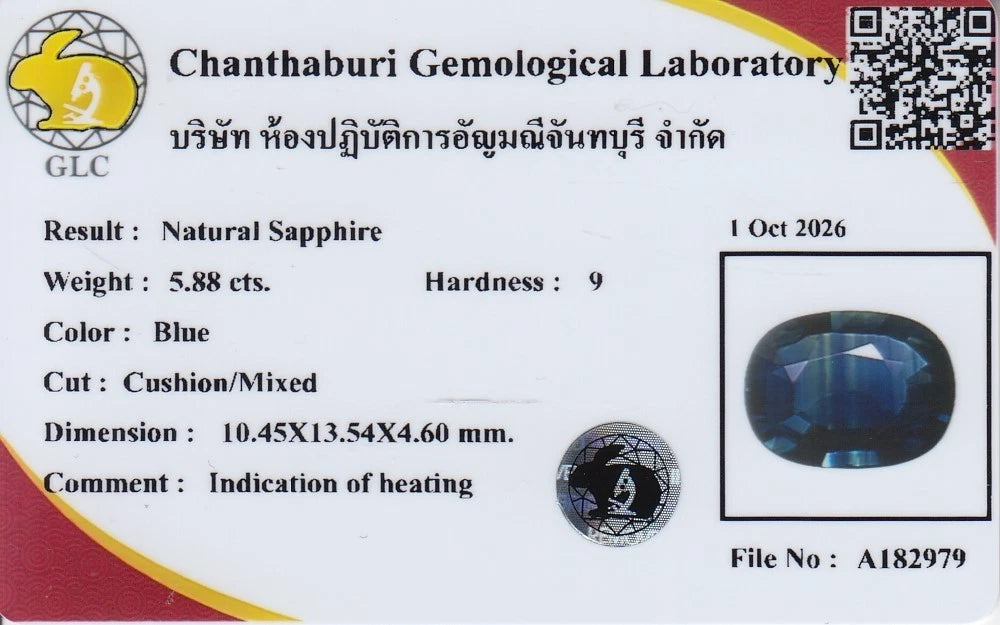 5.88ct VVS Cushion Natural Blue Sapphire - Heated, GLC Certified - laboratory report