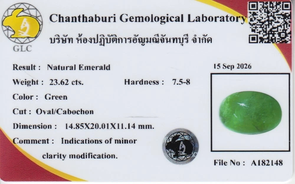 23.62ct Oval Cabochon Natural Green Emerald - Zambia, GLC Certified - laboratory report