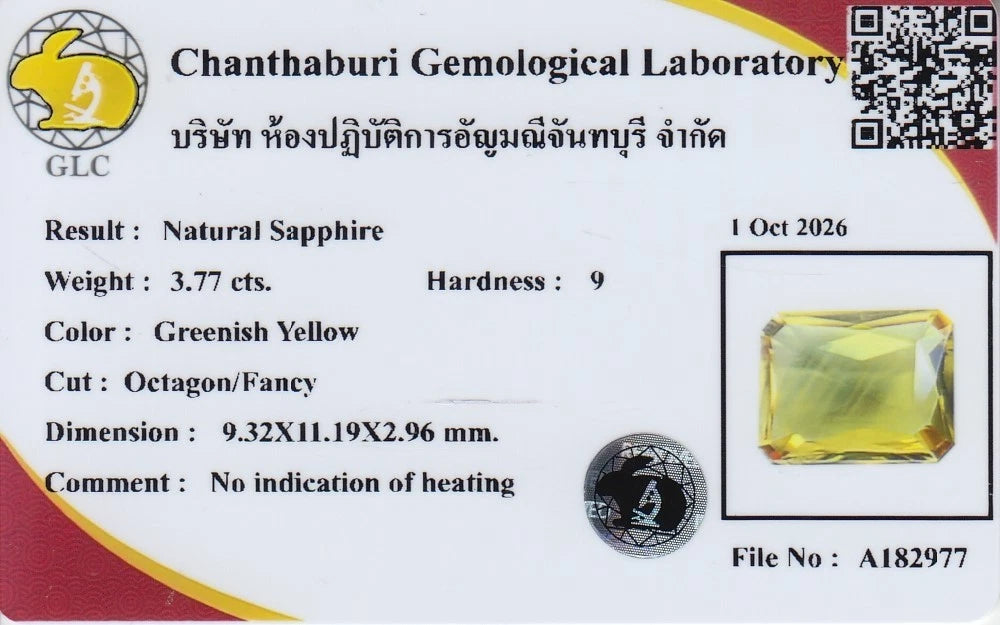 3.77ct VS Octagon Natural Greenish Yellow Sapphire - Unheated, GLC Certified - laboratory report