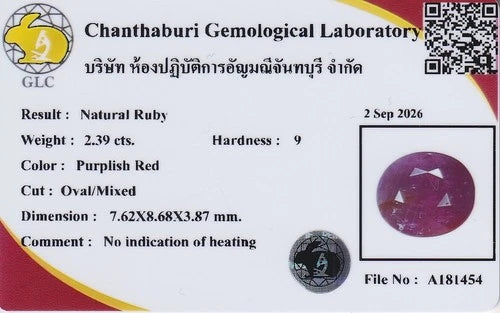 GLC report on 2.39ct oval ruby with purplish red center, hardness 9, cut by optical and mechanical means.