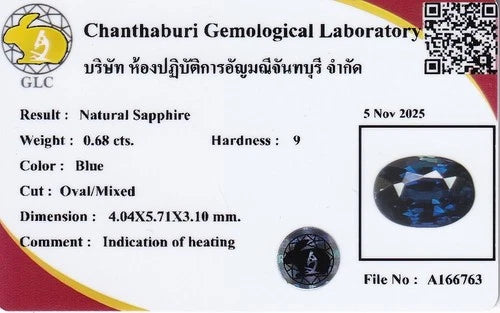 GLC 0.68ct IF Oval Natural Blue Sapphire, heated, Africa gemstone, report #A166763 on yellow background.