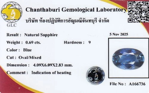 GLC 0.69ct VS oval natural blue sapphire, heated in Africa, with certificate #A166736 on white label.