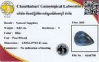 GLC-certified 0.83ct pear-shaped natural blue sapphire with unheated origin, Africa gemstone, and lab report details.