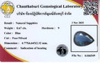 GLC 0.67ct pear natural blue sapphire, heated in Africa, with gemological lab report on white paper.