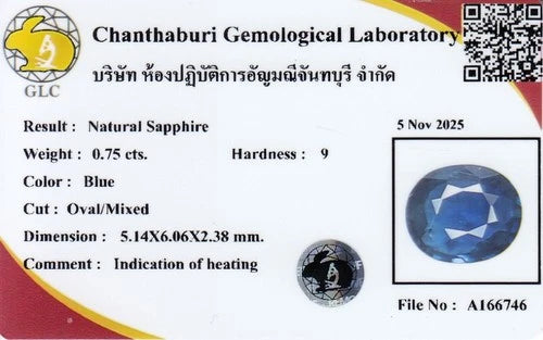 GLC 0.75ct VS oval natural blue sapphire, heated, in white box with red/blue gemstone diagram and lab report text.