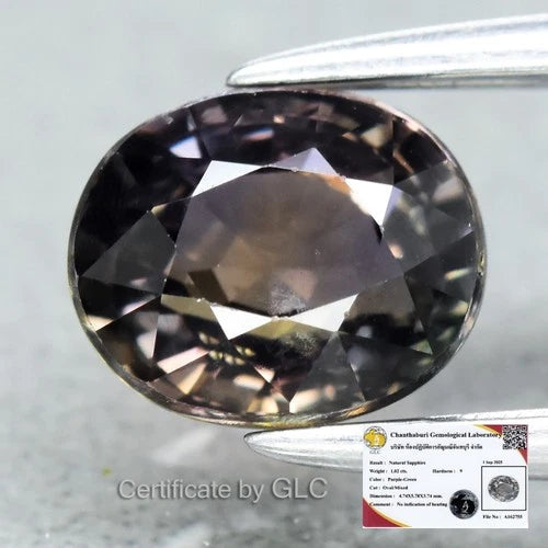 GLC Certified 1.02ct VS oval purple green sapphire with hardness, cut, and dimension details in certificate report.