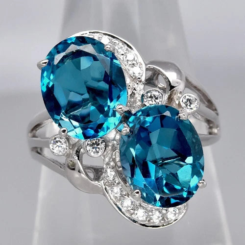 Natural Topaz Cubic Zirconia Ring 6.15ct t.w 2pcs in 925 Sterling Silver