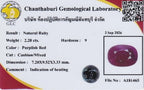 GLC report on 2.28ct natural purplish red Burmese ruby with hardness 9, set in cushion/mixed cut, dimensions.