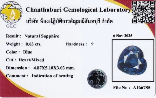 GLC 0.63ct IF heart-shaped natural sapphire in blue, heated in Africa, with certificate and gemstone details.