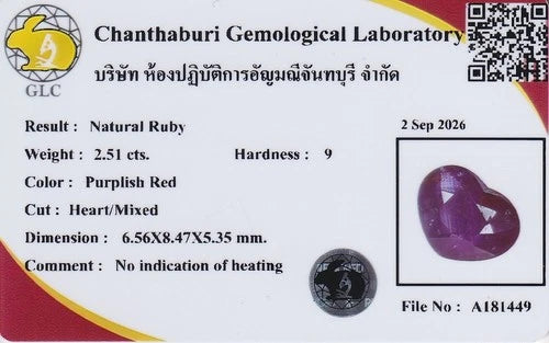 GLC report on 2.51ct purplish red ruby with heat-free Vietnam origin, hardness 9, and dimensions 6.56x8.47x5.35 mm.