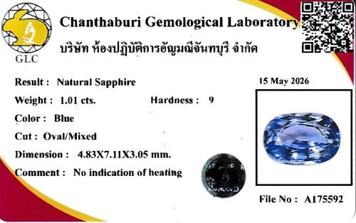 GLC-certified 1.01ct IF oval natural blue sapphire with no heat, in Ceylon gemmological laboratory report.