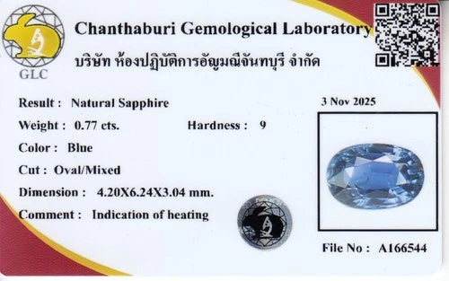GLC 0.77ct VS oval natural blue sapphire, heated in Africa, with blue inlays and certificate on white paper.