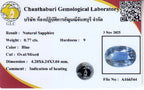 GLC 0.77ct VS oval natural blue sapphire, heated in Africa, with blue inlays and certificate on white paper.