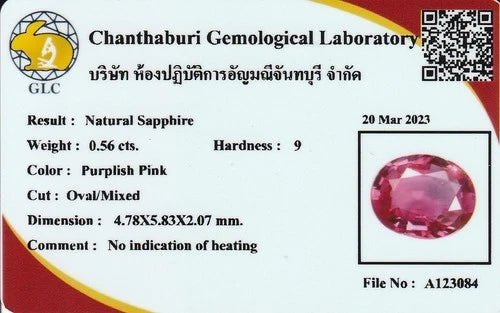 Two oval-cut natural sapphire gemstones in purplish pink, 0.99ct total, on red and white Chanthburi Gemological Lab certificate.