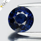 Round natural blue sapphire with black diamond pattern, heated in lab, certificate by GLC at bottom.