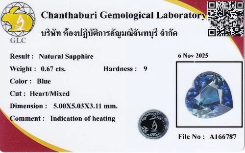 GLC 0.67ct VVS heart-shaped sapphire in blue, heated in Africa, with diamond-like inclusions and lab report.