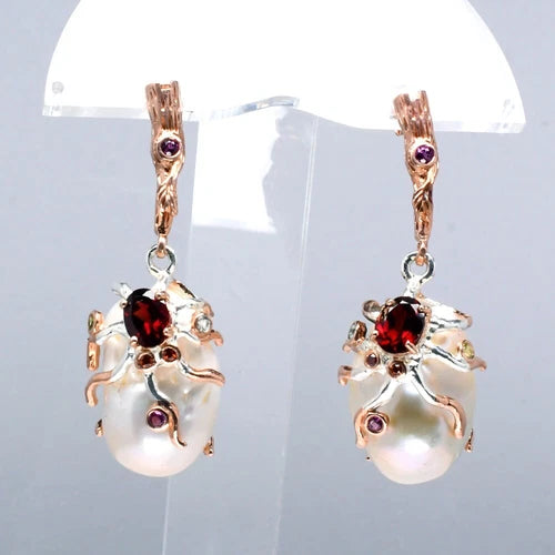 Natural Pearl & Gemstone Earring in 925 Sterling Silver (White & Pink Plated)