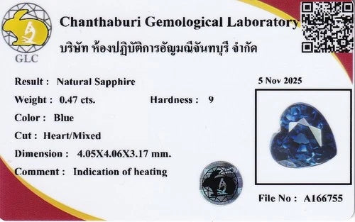 GLC 0.47ct IF heart-shaped blue sapphire in white box with red text and heating comment on certificate.