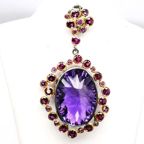 Handmade Natural Amethyst & Rhodolite Garnet Pendant in 925 Sterling Silver