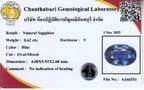 GLC 0.62ct VS oval natural blue sapphire unheated, in white lab report with gemstone details and chain text.