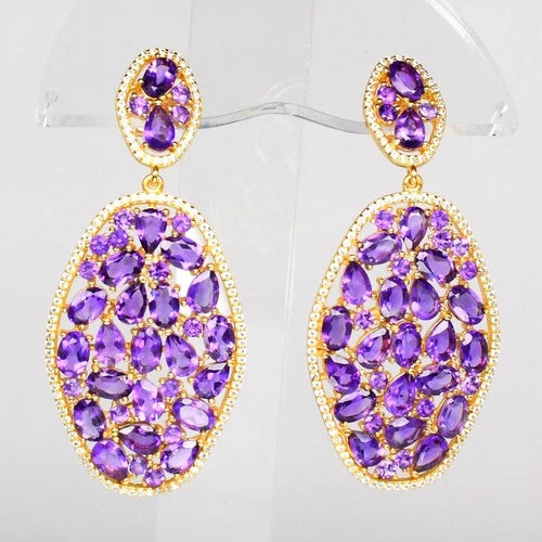 Handmade Natural Amethyst & CZ Earring in 925 Sterling Silver (Gold Plated)