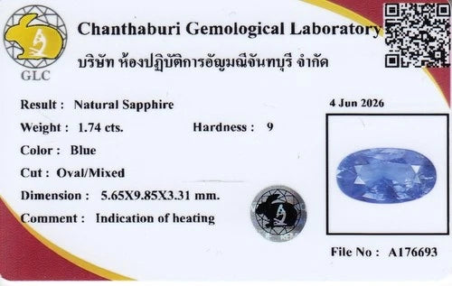 GLC report on 1.74ct oval natural blue sapphire with hardness 9, Ceylon gemstone, June 4, 2026.