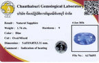 GLC report on 1.74ct oval natural blue sapphire with hardness 9, Ceylon gemstone, June 4, 2026.