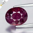 2.16ct oval ruby with purplish red center, star-shaped pattern, and “GLC” certificate on white background.