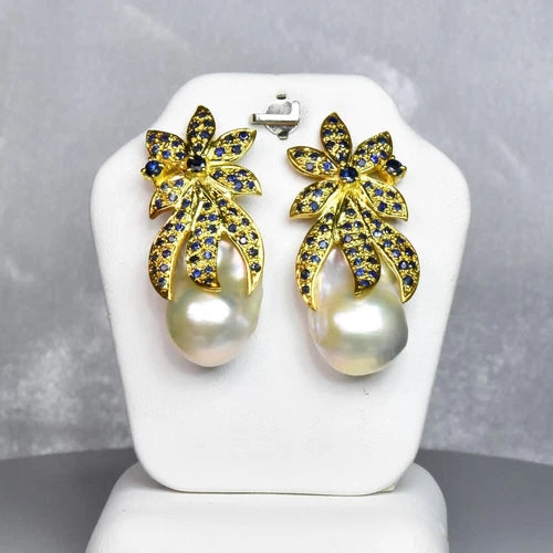 Natural Pearl & Sapphire Earring 52.90ct in 925 Sterling Silver (Gold Plated)