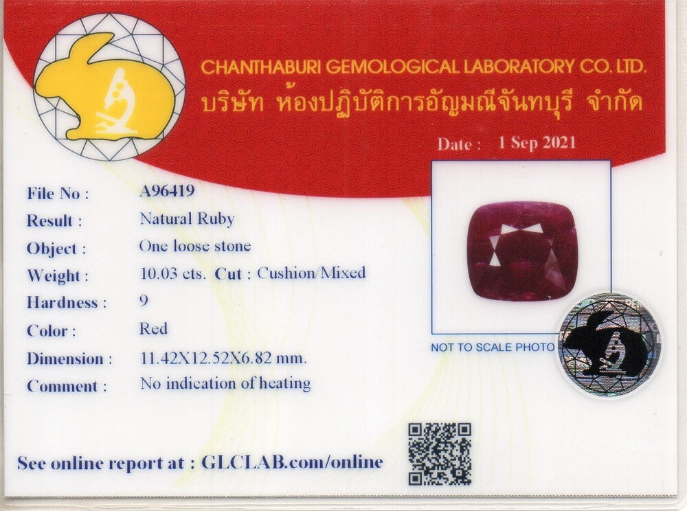 Laboratory report for CERTIFICATE Incl.*Big! 10.03ct 12.52x11.42mm Cushion Natural Unheated Red Ruby