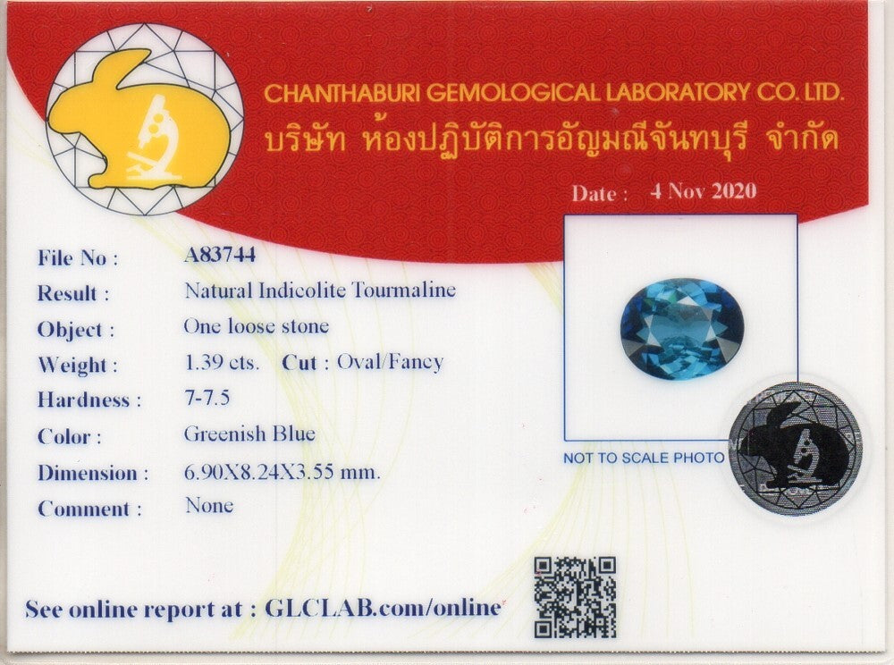 Laboratory report for CERTIFICATE Incl.*1.39ct VVS Oval Natural Greenish Blue Indicolite Tourmaline