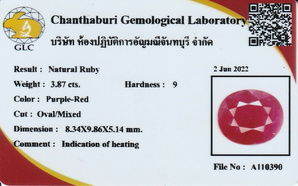 Laboratory report for CERTIFICATE Incl.*3.87ct 9.86x8.34mm Oval Purple Red Ruby, Mozambique Gemstone