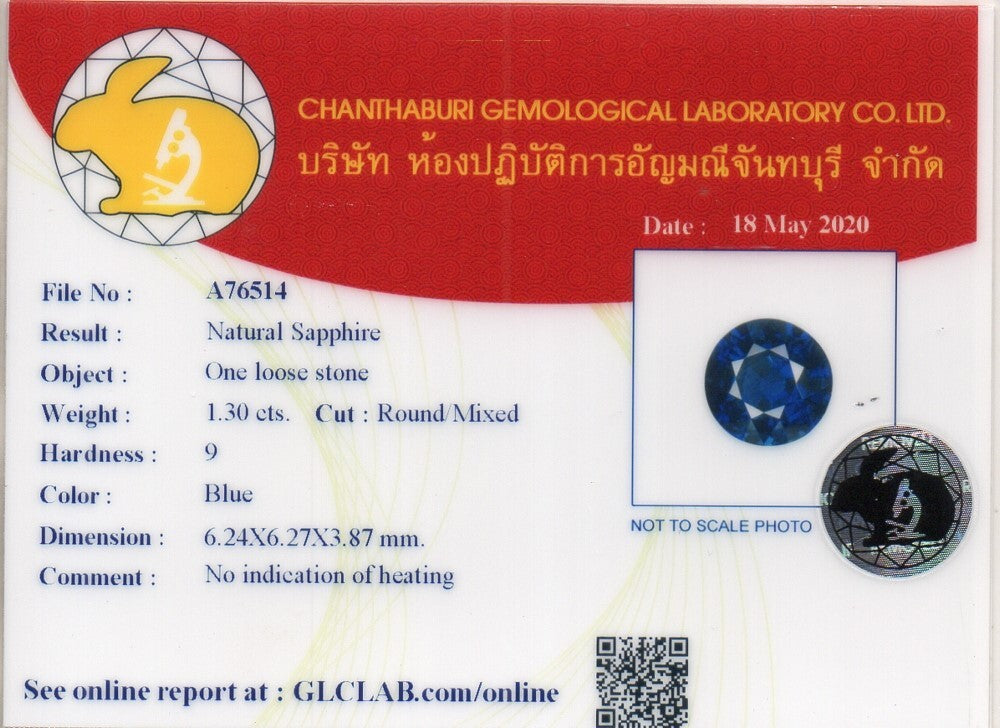 Laboratory report for CERTIFICATE Incl.*1.30ct VVS Round Unheated Blue Sapphire Gemstone, Africa